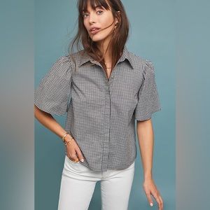 Anthropologie gingham buttondown puff sleeve crop